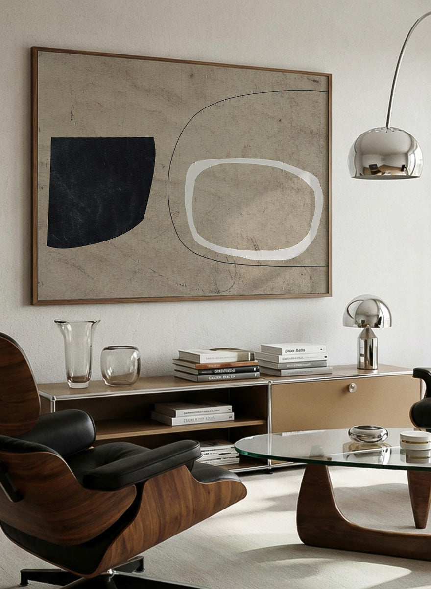 Shop Comfort by Dan Hobday, a contemporary abstract art print featuring bold black and white forms, curved linework, warm beige tones, and textured detail.