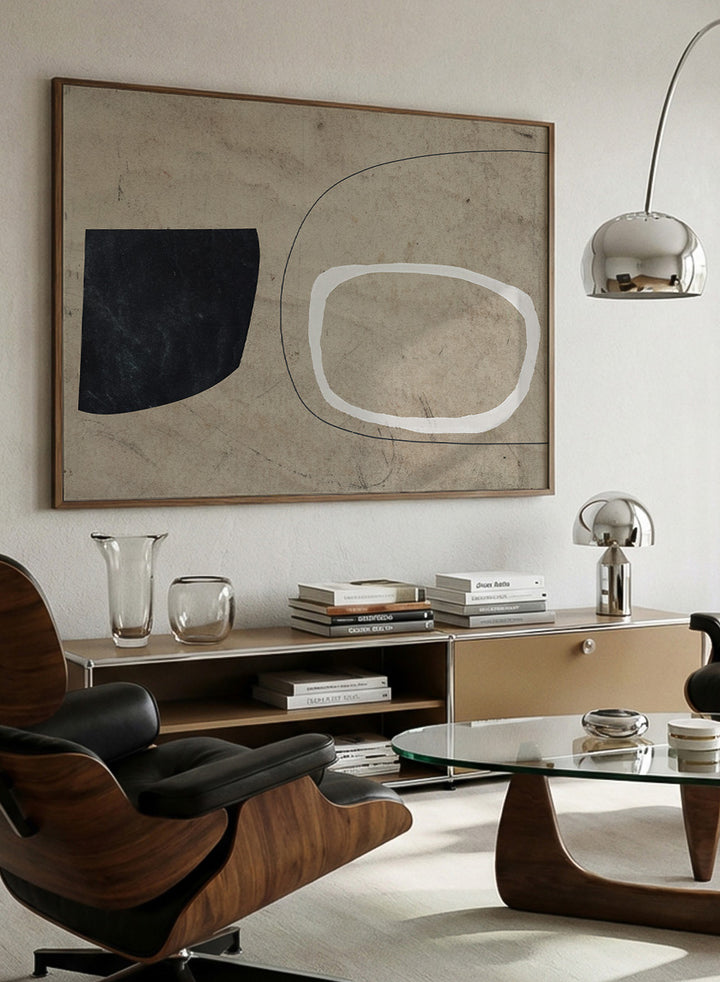 Shop Comfort by Dan Hobday, a contemporary abstract art print featuring bold black and white forms, curved linework, warm beige tones, and textured detail.
