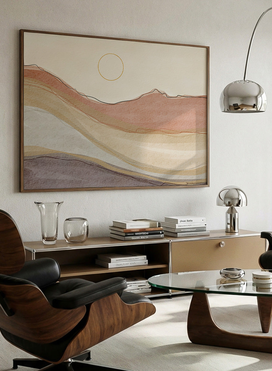 Shop Boho Desert Landscape by Nikita Jariwala, a modern desert wall art print with abstract hills, a simple sun, and warm terracotta, cream, beige, and mauve tones.