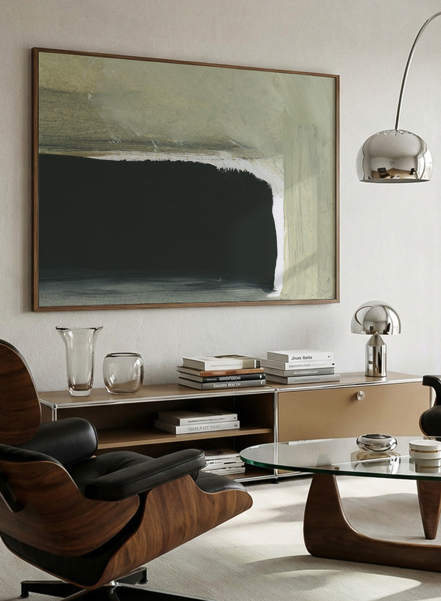 Shop Room by Dan Hobday, a contemporary abstract art print featuring charcoal black, sage green, cream, and muted olive with layered brush texture.