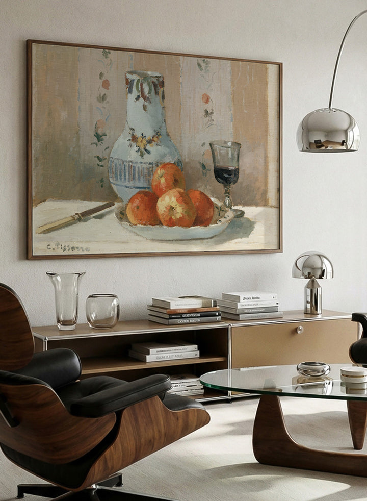 Shop Still Life with Apples and Pitcher by Camille Pissarro, a vintage still life wall art print poster featuring red apples and a ceramic pitcher in warm brown tones.