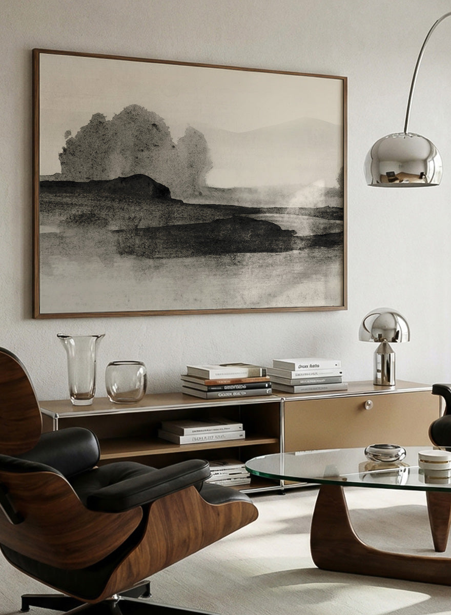 Shop Land No. 01 by Dan Hobday, a muted landscape art print featuring dark landforms, soft trees, distant hills, and layered neutral texture.