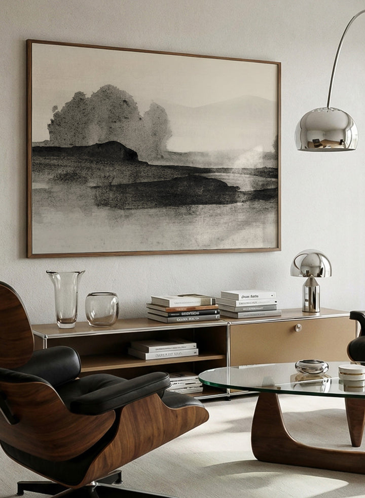 Shop Land No. 01 by Dan Hobday, a muted landscape art print featuring dark landforms, soft trees, distant hills, and layered neutral texture.