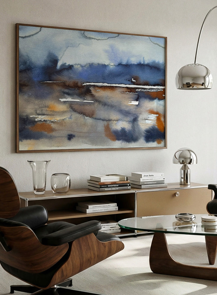 Shop Abstract Fluid Horizon by Helena Ryhle, an abstract landscape wall art print poster featuring fluid watercolor, a blue horizon, and earthy coastal tones.