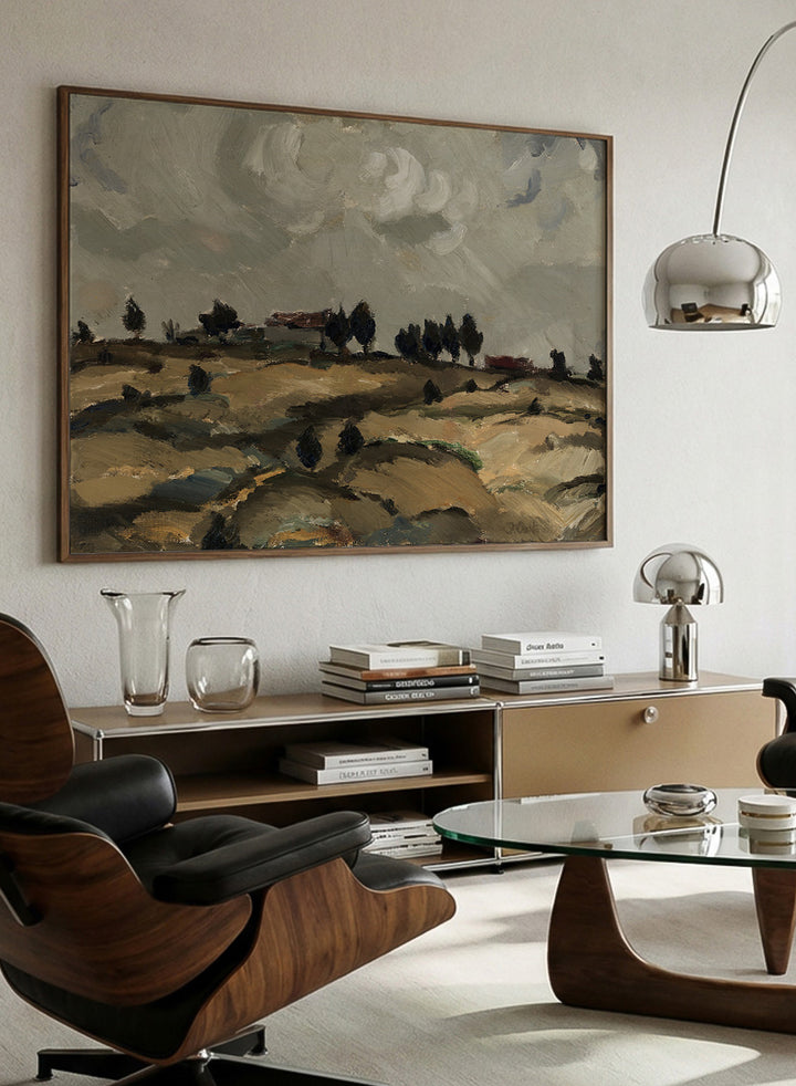 Shop Autumn Landscape with Clouds by Ilmari Aalto, a vintage Finnish landscape wall art print poster depicting rolling fields beneath a dramatic gray sky.