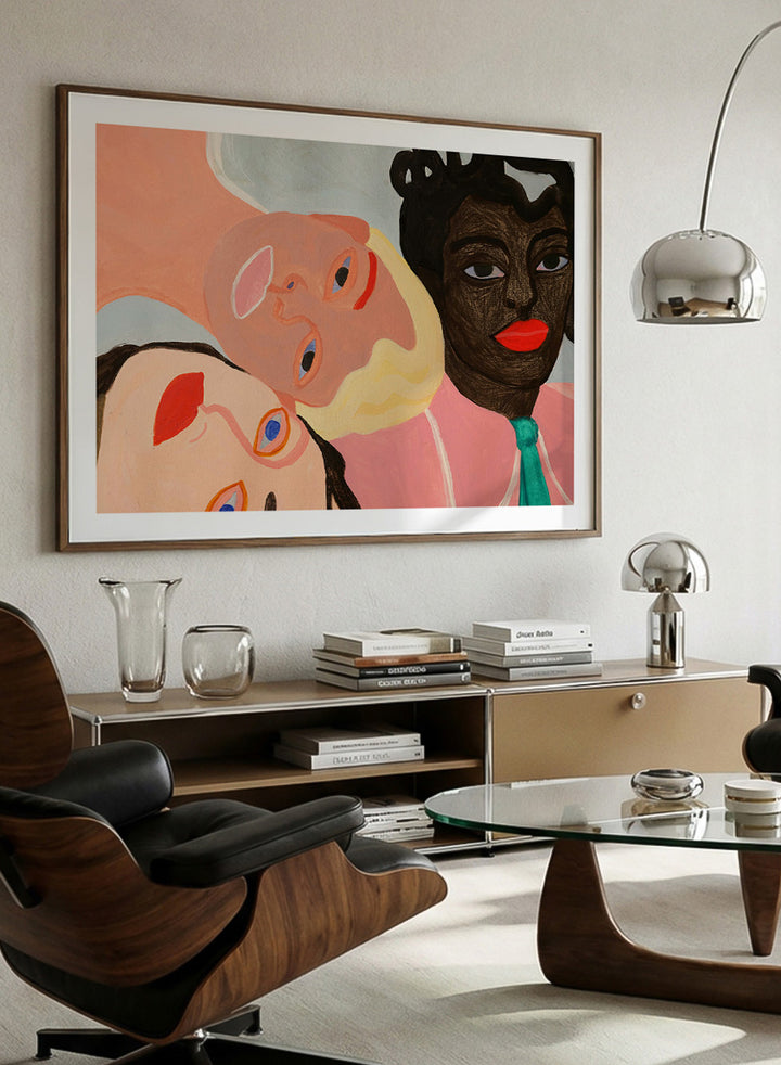 Shop Three Friends by Sophia Novosel, a modern women portrait wall art print poster featuring three women, bold red lips, vivid eyes, and expressive color.