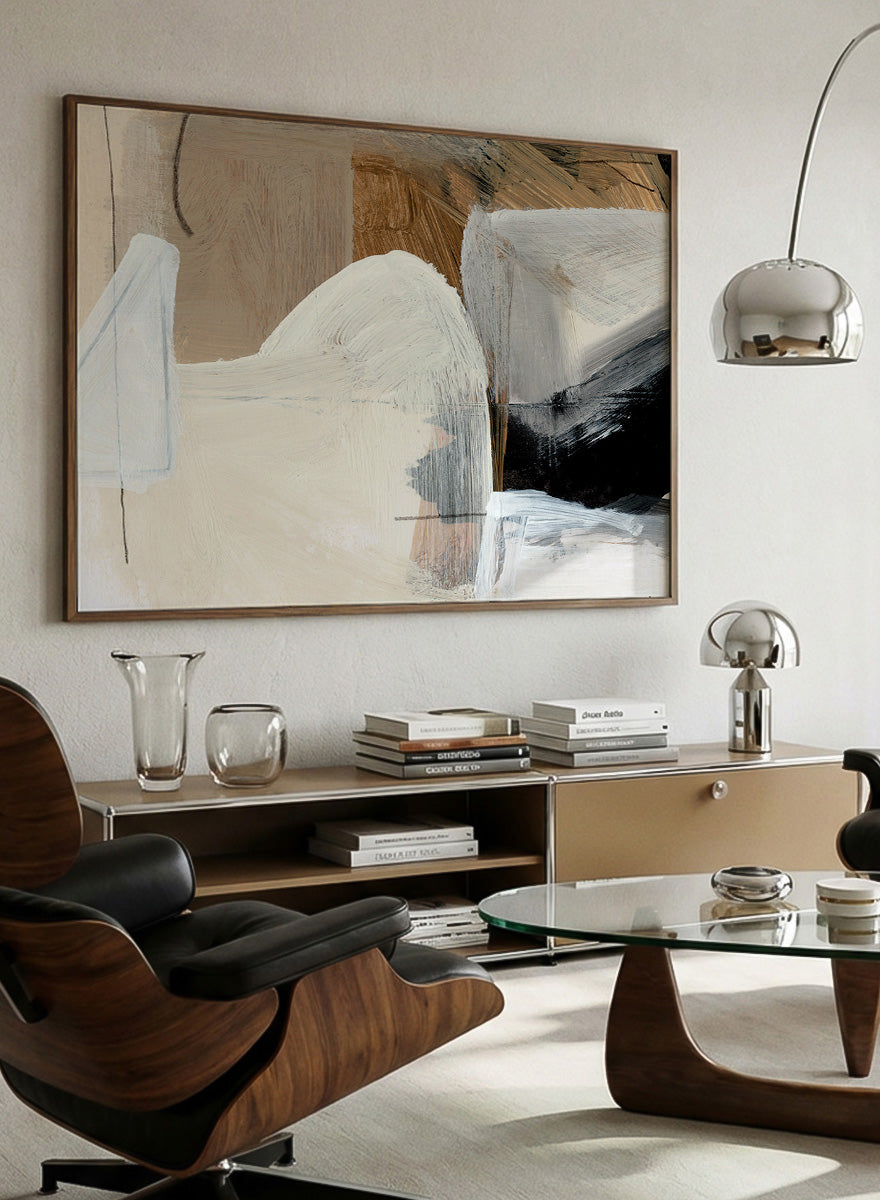 Shop Style Abstract by Dan Hobday, a contemporary abstract art print featuring layered geometric forms, warm neutral tones, black accents, and textured brushwork.