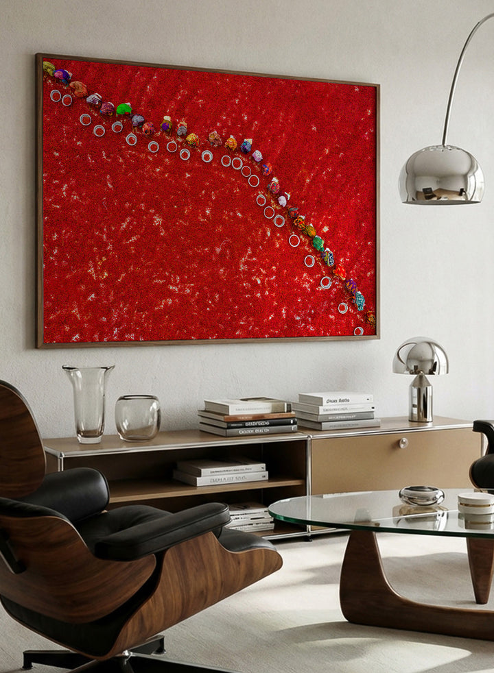 Picking Red Chilies by Azim Khan Ronnie aerial photography print showing workers harvesting red chilli fields Bangladesh, cultural documentary wall art poster