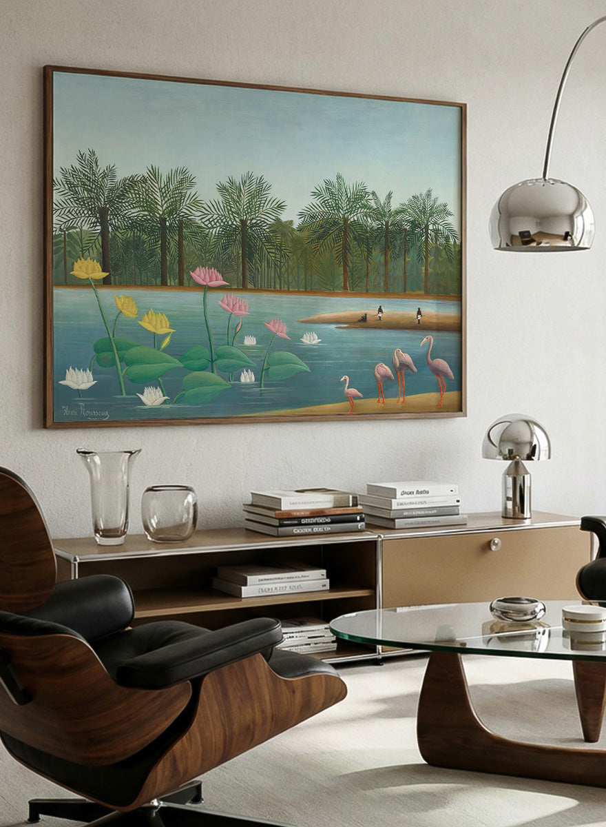 Shop The Flamingoes by Henri Rousseau, a vintage tropical nature landscape and animal art print featuring pink flamingoes, lotus flowers, palms, and blue water.