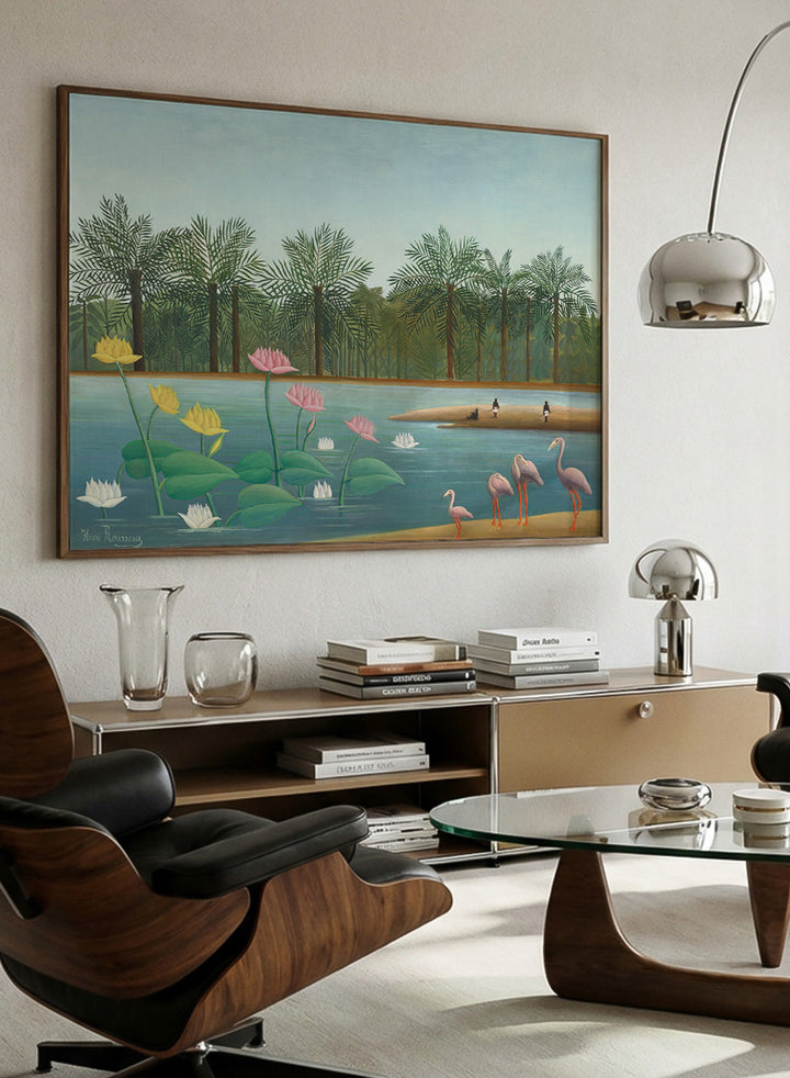 Shop The Flamingoes by Henri Rousseau, a vintage tropical nature landscape and animal art print featuring pink flamingoes, lotus flowers, palms, and blue water.