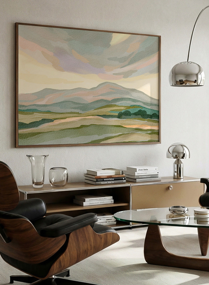 Shop Muted Mountain Landscape by Nikita Jariwala, a modern mountain wall art print with abstract hills, soft sage, dusty pink, gray, and cream tones.