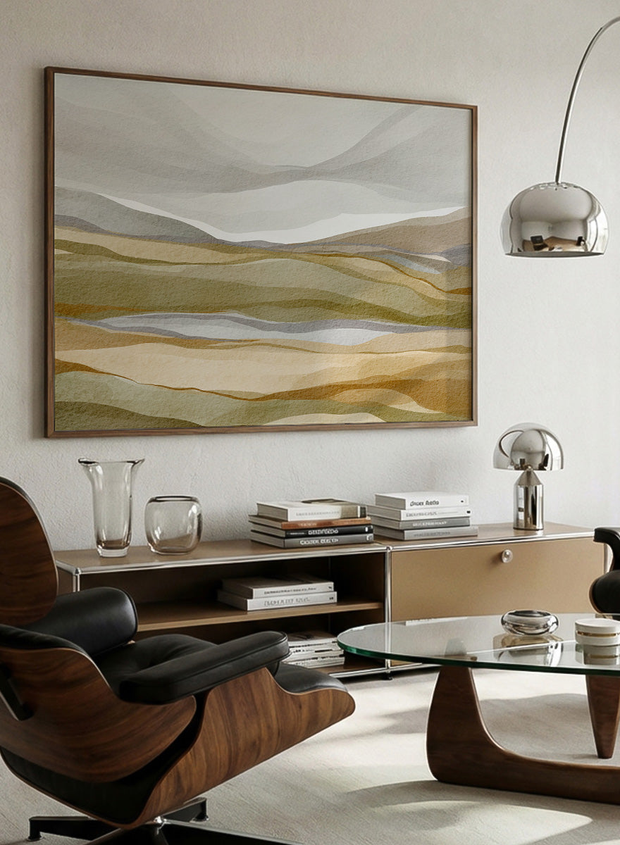 Shop Earthy Abstract Landscape by Nikita Jariwala, an abstract landscape wall art print poster featuring layered hills, distant mountains, and earthy green tones.