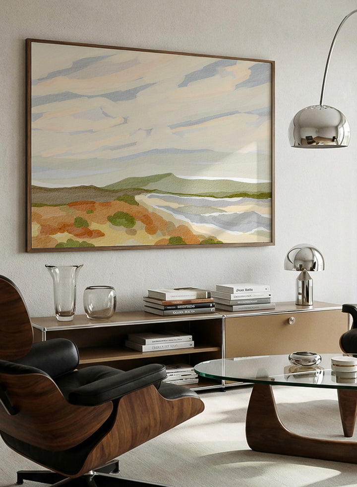 Shop Echos of Dream by Nikita Jariwala, a coastal landscape wall art print poster with abstract shoreline, soft clouds, sage hills, and warm ochre tones.