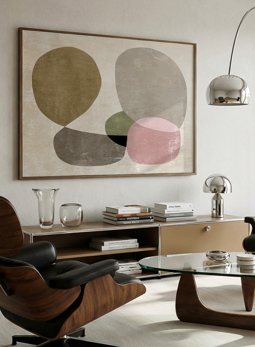 Shop Seven by Dan Hobday, a contemporary abstract art print featuring rounded geometric forms, muted olive, taupe, pink, and layered neutral texture.