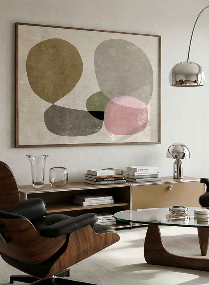 Shop Seven by Dan Hobday, a contemporary abstract art print featuring rounded geometric forms, muted olive, taupe, pink, and layered neutral texture.