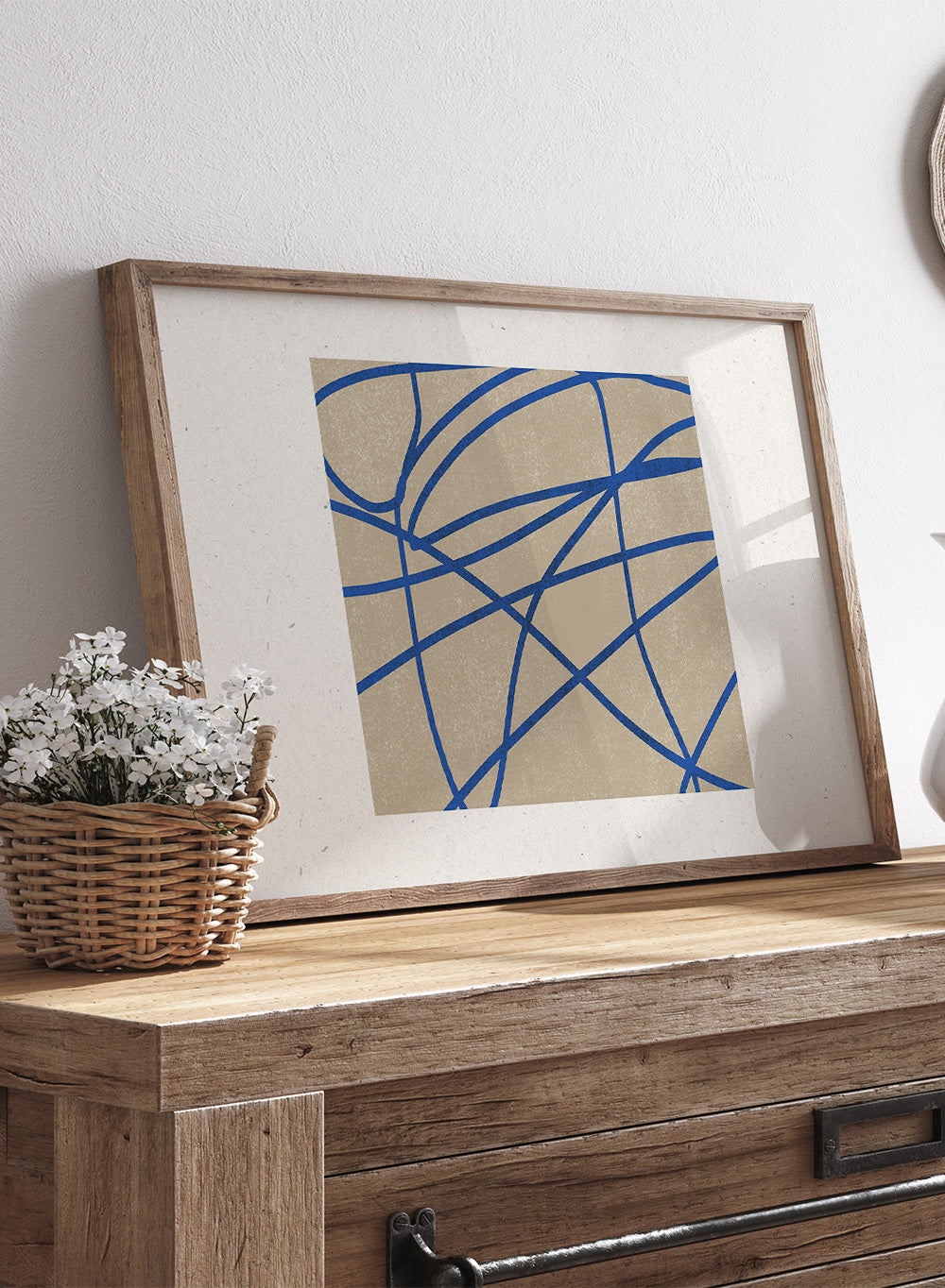 Abstract blue line art print by The MIUUS Studio. Modern minimalist wall art poster with bold blue lines, neutral tones, contemporary graphic abstract design.