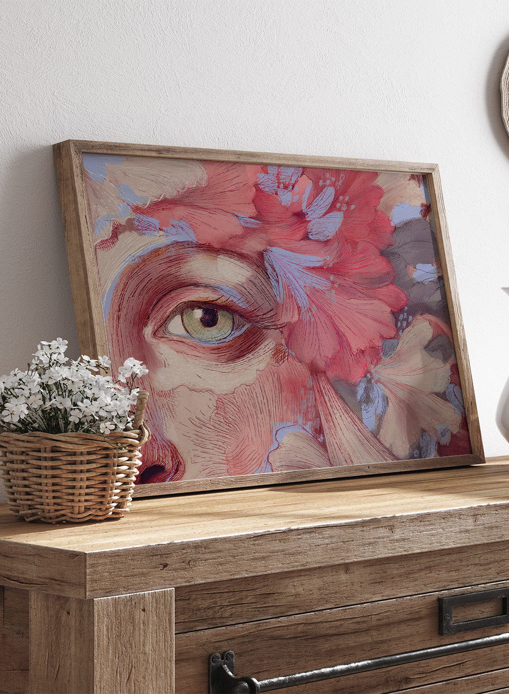 Artistic depiction of a face with flowers and an eye, using a color palette of reds, pinks, and browns. Floral Reverie No.01 by Treechild is a floral portrait illustration art print featuring expressive face detail, layered flowers, and contemporary wall art style.