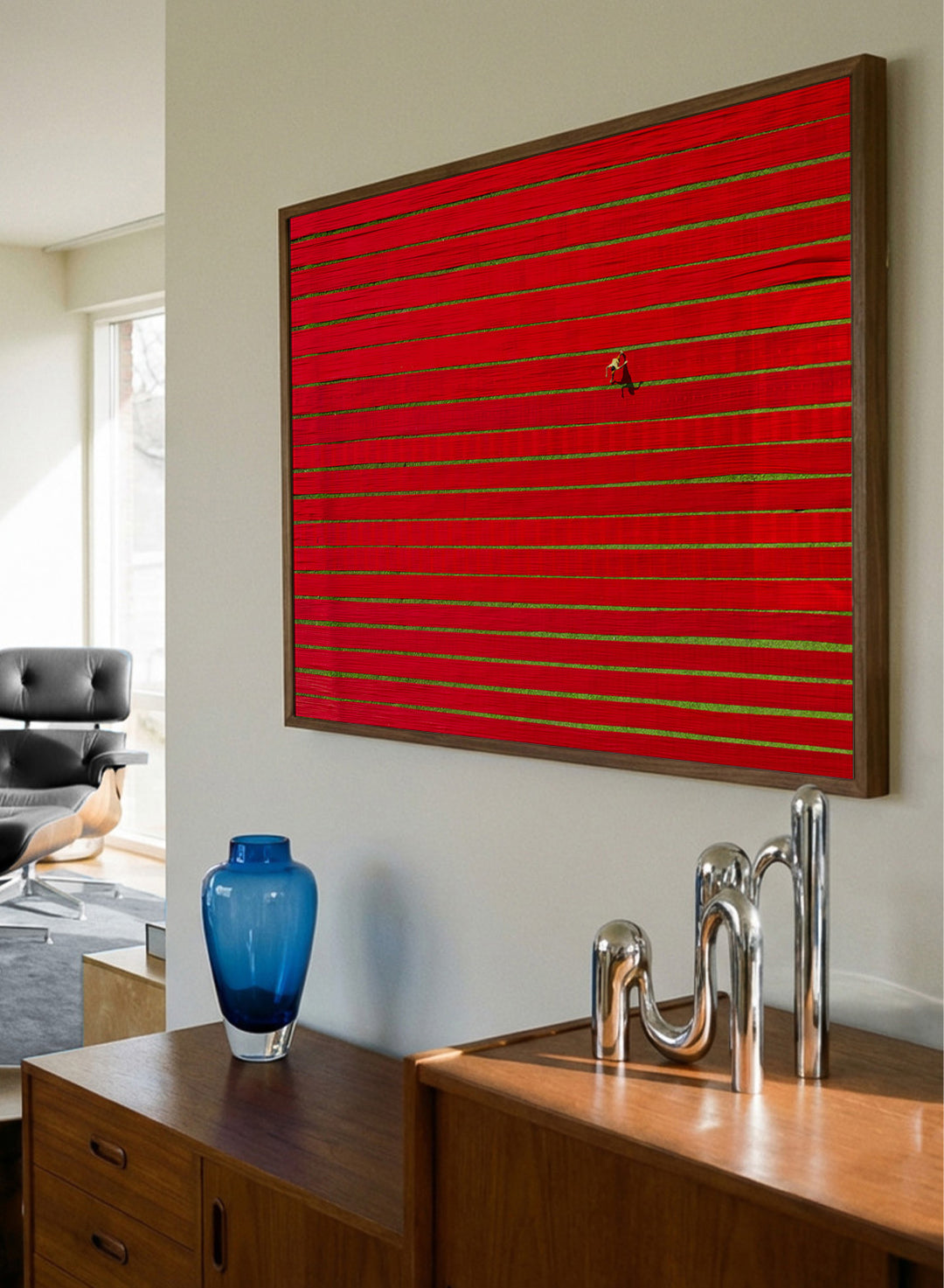 Drying Colorful Cloth by Azim Khan Ronnie aerial photography print showing red textile fabric drying in Bangladesh fields, cultural wall art poster