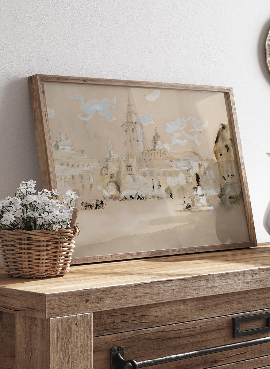 A framed watercolor art print depicting a scenic architectural landscape with a clock tower, stylized clouds, and small figures. Valencia, Spain by Hercules Brabazon Brabazon is a vintage watercolor art print featuring a sunlit Spanish plaza, pale architecture, towers, and soft blue sky.