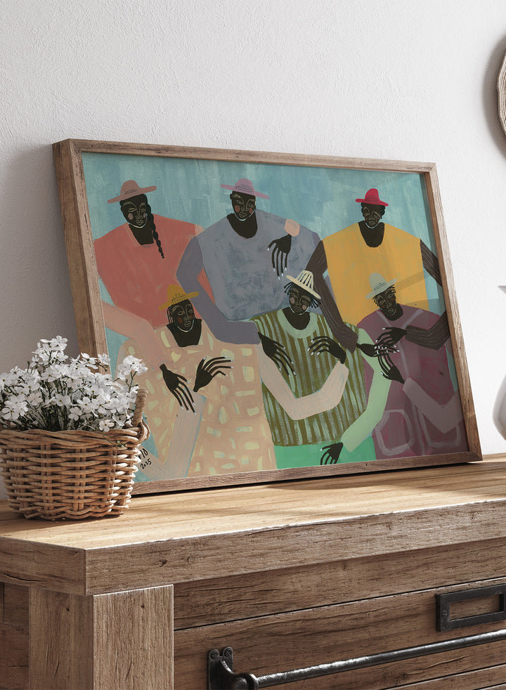 Framed artwork of six stylized figures in colorful clothing against a textured blue background. Group Chat by Studio IMO (Ibi Meier-Oruitemeka) is a modern figurative art print with multiple figures, bold color, and contemporary wall poster design.