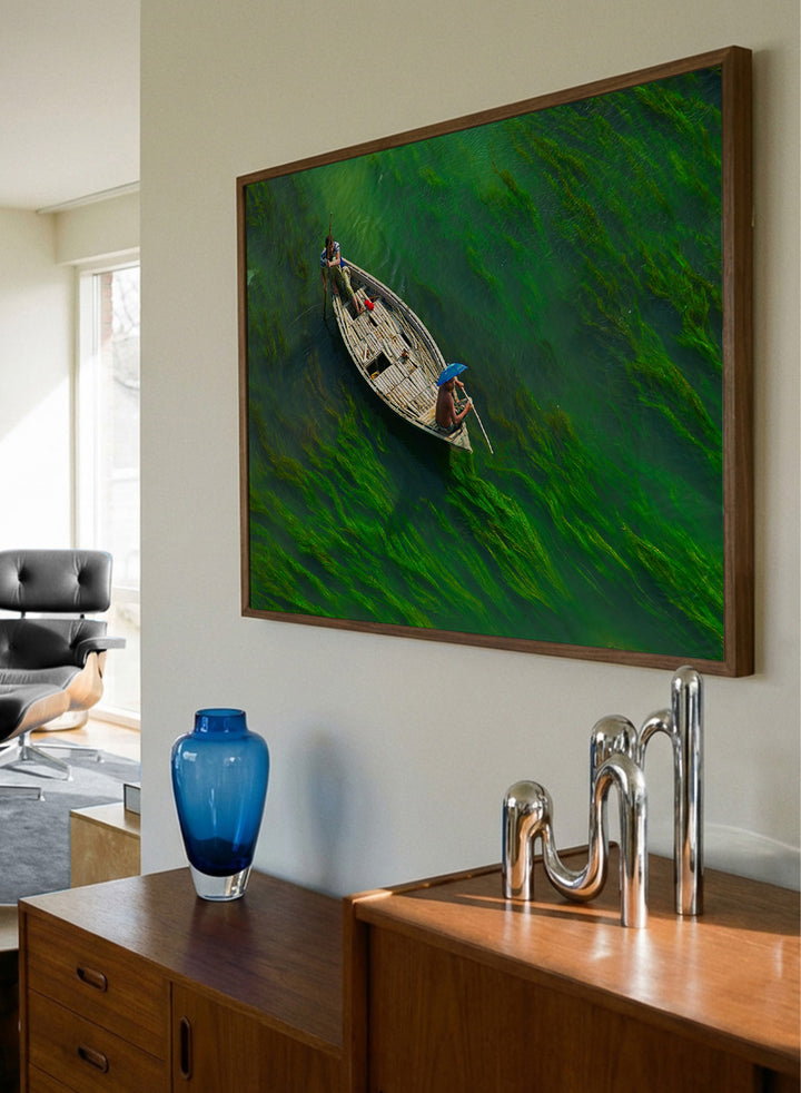 Sailing Through Green Veins by Azim Khan Ronnie aerial photography print showing boat over green aquatic plants river, nature wall art poster