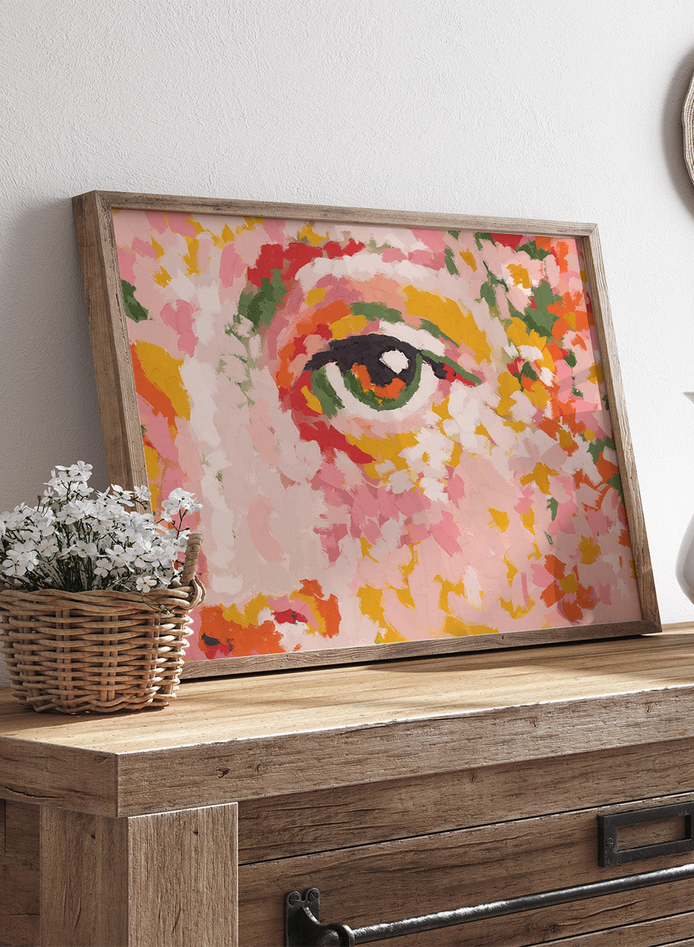 Colorful abstract painting of a face with a prominent eye. Wild Attention by Treechild is a colorful portrait illustration art print featuring expressive eye detail, bold brushstrokes, and contemporary wall art style.