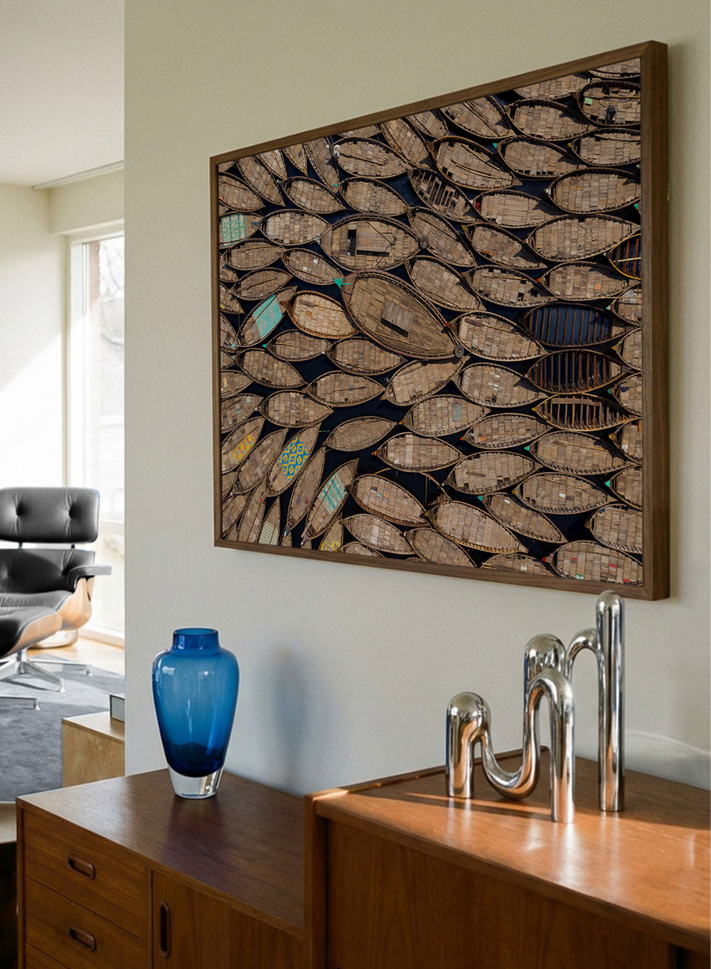 Framed artwork of a pattern made from wooden boats. Wooden Boats by Azim Khan Ronnie aerial photography print showing clustered wooden boats from above, textured pattern wall art poster