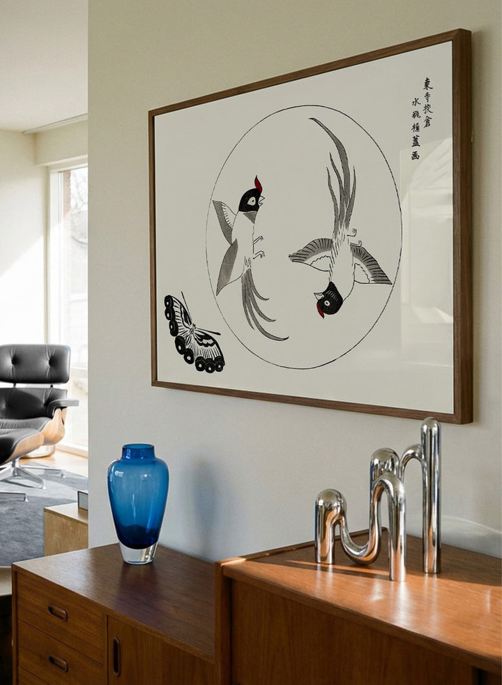 Birds and Butterfly by Taguchi Tomoki is a vintage Japanese woodblock art print featuring two long-tailed birds, a butterfly, and original Japanese detailing.