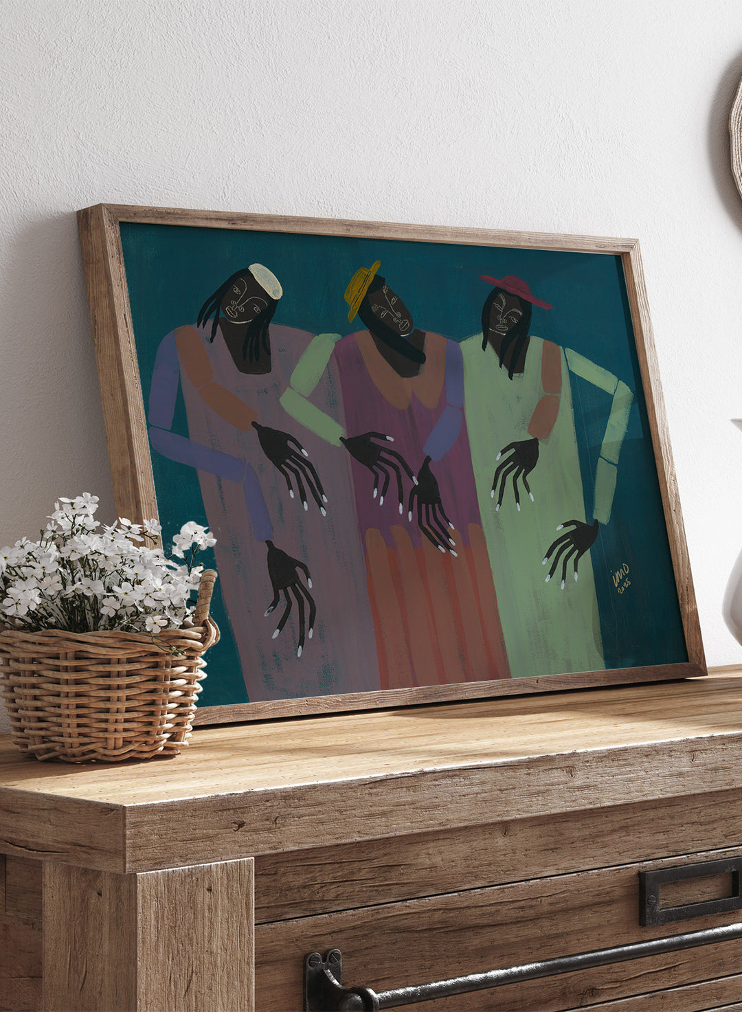 Artistic depiction of three figures with outstretched hands on a blue background. My People by Studio IMO (Ibi Meier-Oruitemeka) is a modern figurative art print with connected figures, expressive hands, and bold contemporary wall poster design.