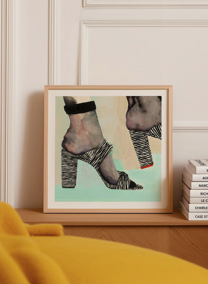 Shop Chic Zebra Heels by Sophia Novosel, a modern fashion wall art print poster featuring zebra-striped heels, bold black-and-white pattern, and a stylish cropped view.