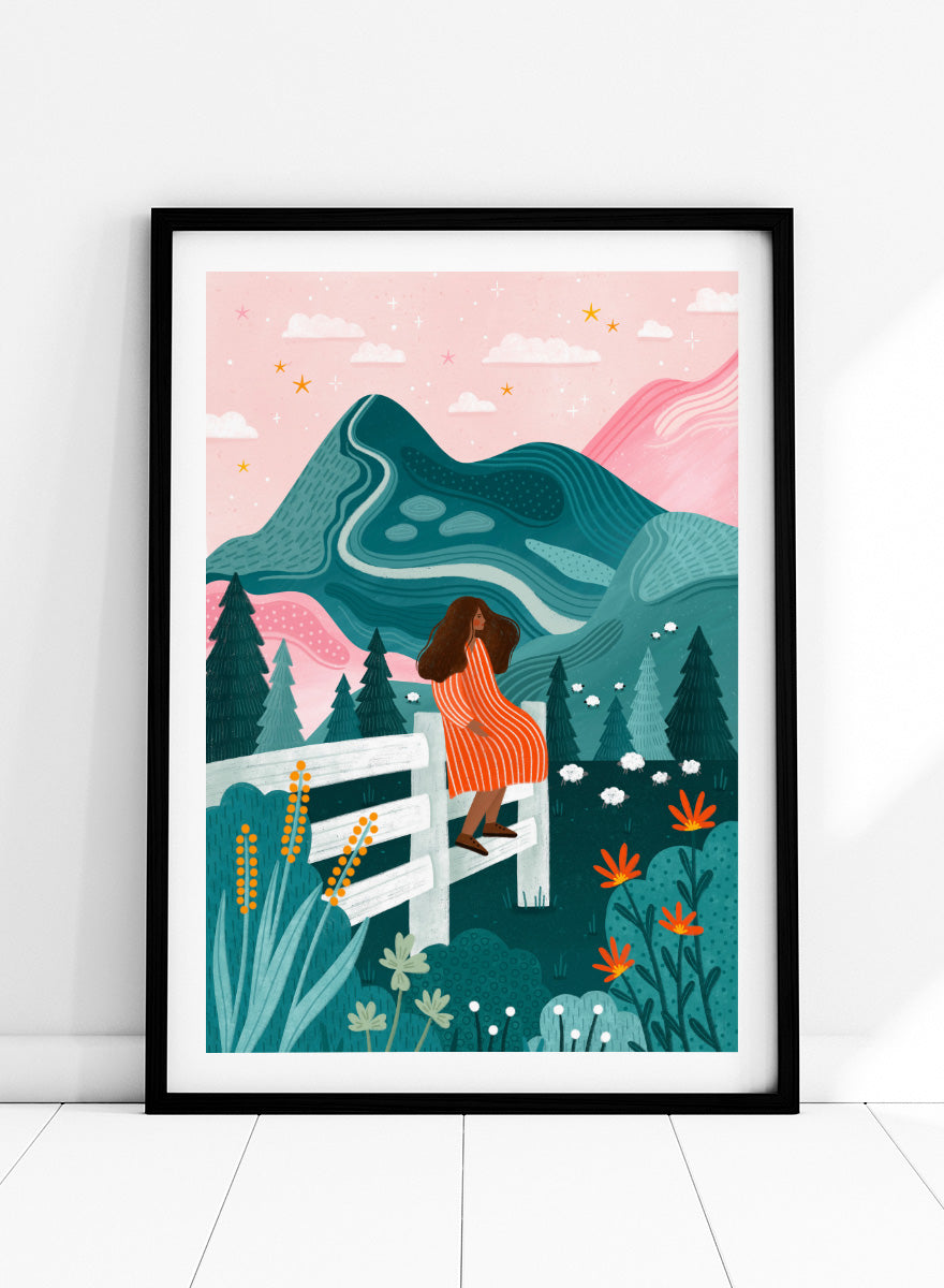 Shop Woman Rural Starry Night by Bea Müller, a figurative landscape wall art print poster featuring a woman, mountain scenery, wildflowers, and a pink starry sky.