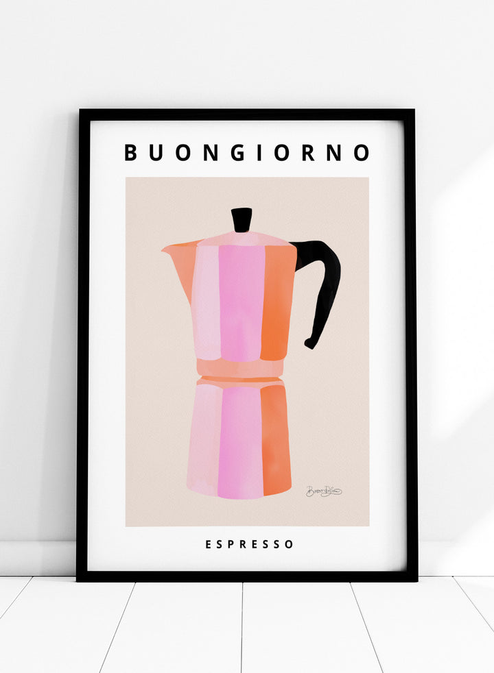 Colorful pink striped coffee maker with 'Buongiorno Espresso' text on a beige background. Buongiorno Espresso by Baroo Bloom is a modern coffee art print featuring a colorful moka pot illustration. Officially licensed wall poster with optional framing.