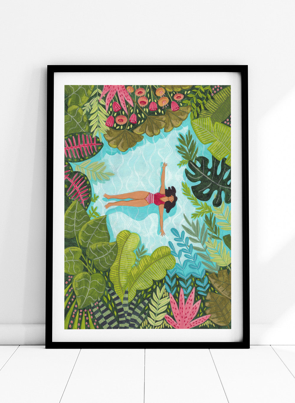Illustration of a woman swimming in a pool surrounded by tropical plants. Tropical Pool Relaxation by Caroline Bonne Müller is a fine art print and wall poster of a woman floating in a pool surrounded by tropical plants.