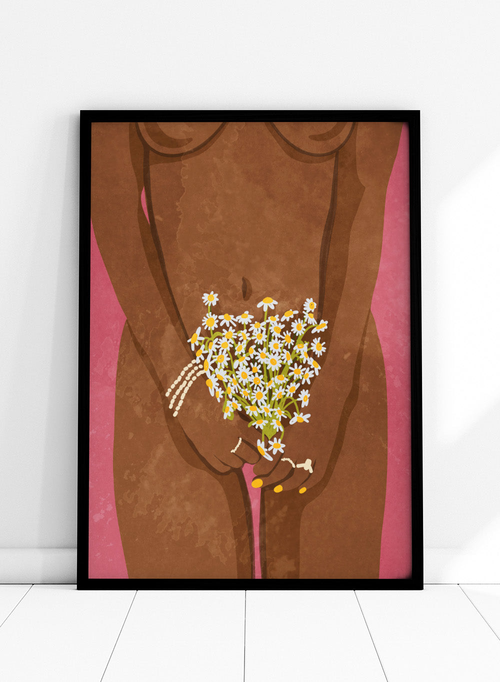 Illustration of a hand holding flowers against a brown background. Wearing Flowers by Raissa Oltmanns is a modern woman portrait art print with daisies, pink background, and minimalist graphic wall poster design.