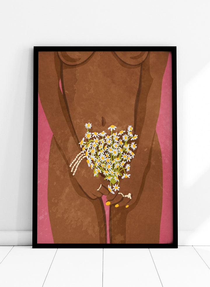 Illustration of a hand holding flowers against a brown background. Wearing Flowers by Raissa Oltmanns is a modern woman portrait art print with daisies, pink background, and minimalist graphic wall poster design.