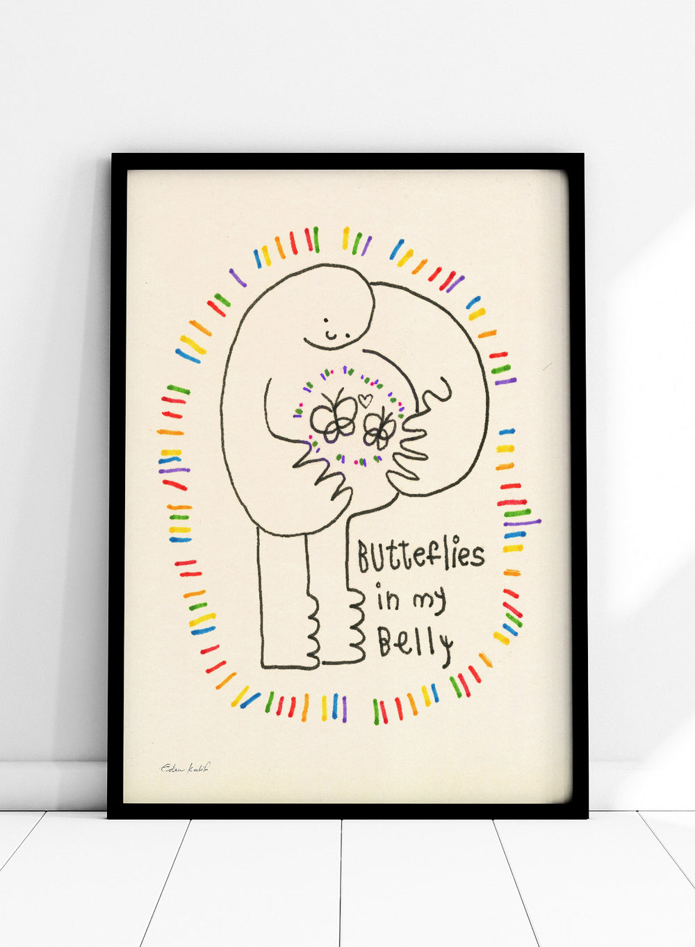 Illustration of a person with butterflies and text 'Butterflies in my Belly' on a beige background. Butterflies by Eden Kalif is a playful modern line art print with colorful details and text, a contemporary minimalist wall poster with expressive and fun design.
