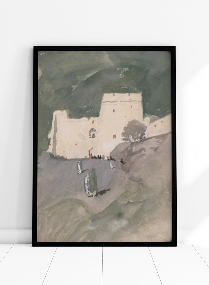 A watercolor painting of a white stone fortress or castle on a hillside, with dark green mountains in the background and small figures near the entrance. A Moorish Citadel by Hercules Brabazon Brabazon is a vintage watercolor art print featuring a pale fortress, figures, rocky ground, and dark green hills.