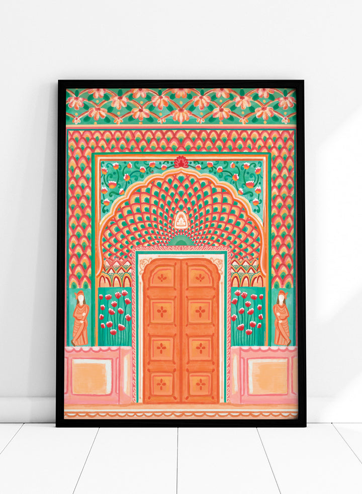 A colorful traditional Indian-style architectural artwork depicting an ornate arched doorway with a peach-orange double door, teal and pink patterned walls, floral motifs, and small statue figures on either side. Shop Vibrant Indian Archway by Nidhi Kachhadiya, a colorful Indian wall art print featuring an ornate archway, floral details, and coral pink tones.