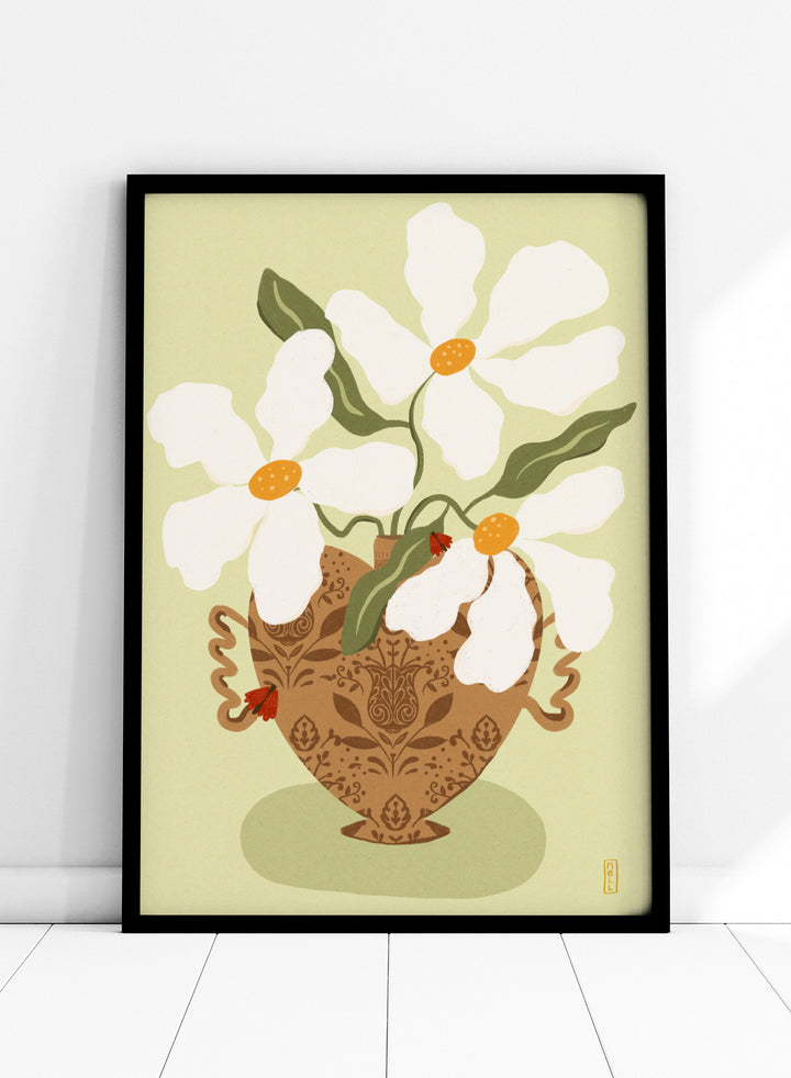 Decorative illustration of a vase with white flowers on a light green background. Whimsical Floral Heart by Dirkie Nell is a floral art print featuring oversized white flowers, a patterned heart vase, and hand painted folk inspired details.