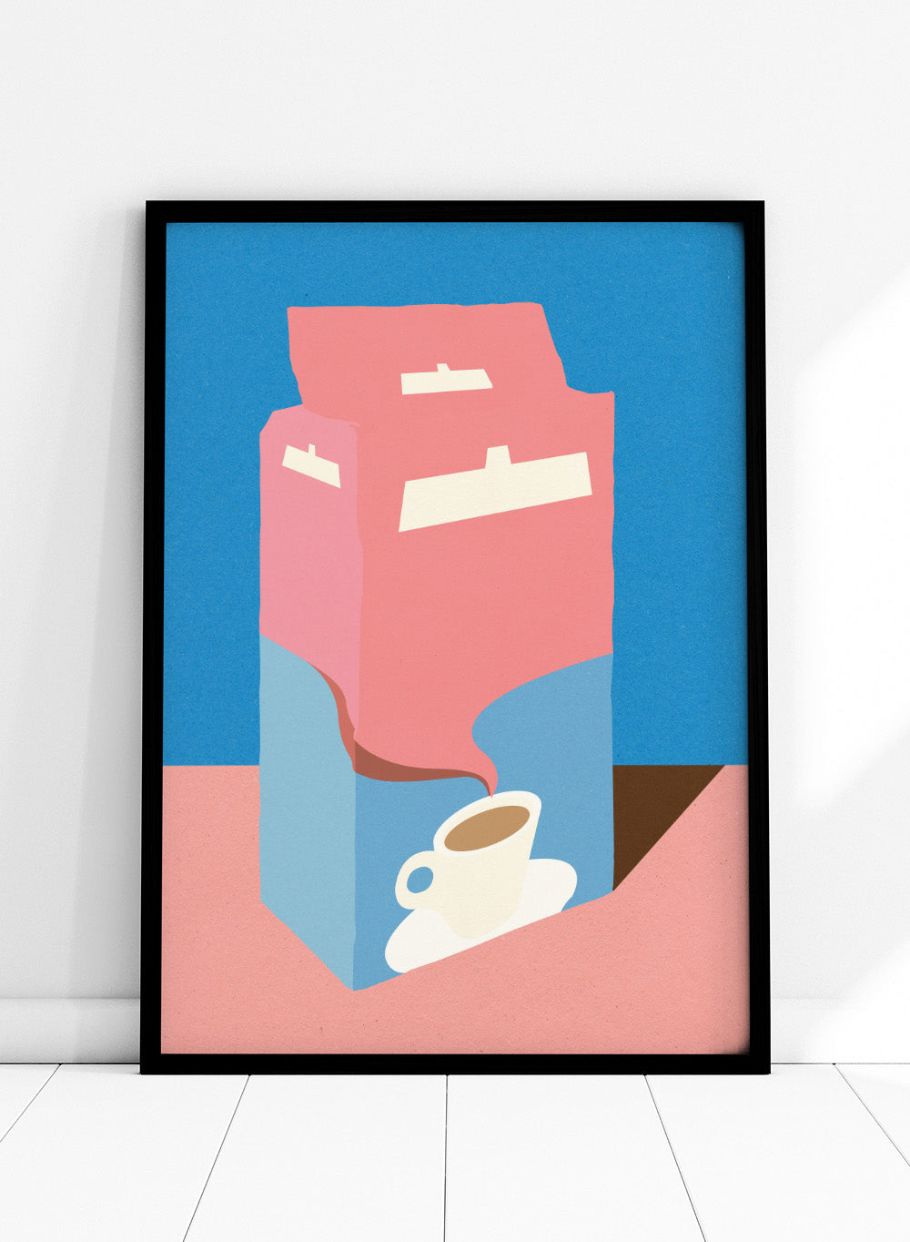 Illustration of a pink milk carton pouring into a white cup on a blue background. Illustration of a pink milk carton pouring into a white cup on a blue background. Crema E Gusto Dolce by Rosi Feist is a minimalist coffee bag kitchen art print with Bauhaus-inspired color. Officially licensed modern poster with framing.