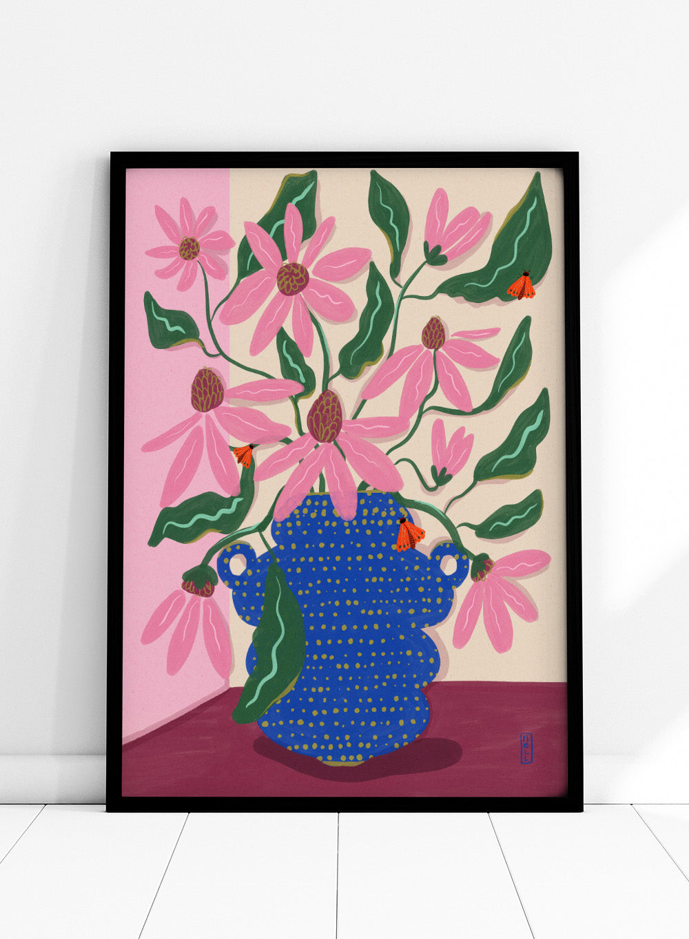 Artistic depiction of a blue vase with pink flowers on a pink background. Cone Flowers in a Pot by Dirkie Nell is a colorful floral art print with pink blooms, butterflies, and a bold blue vase. Officially licensed wall poster.