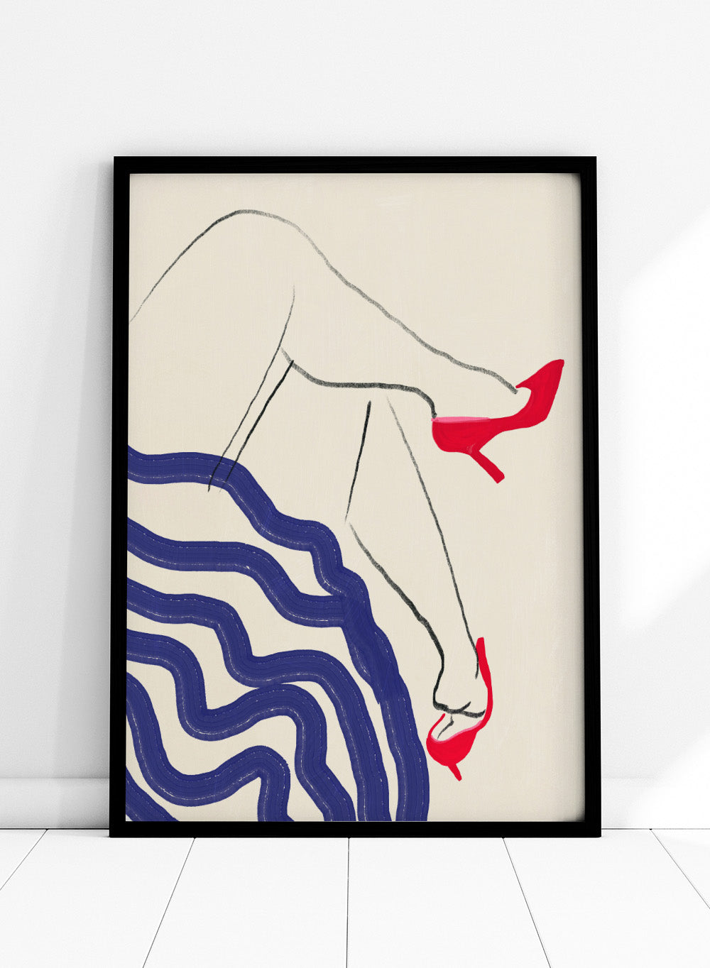 Crimson Heels Dance art print by Little Dean. Contemporary abstract figure wall art featuring bold red heels, fluid movement, minimalist illustration, and modern poster design.