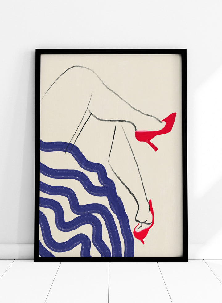 Crimson Heels Dance art print by Little Dean. Contemporary abstract figure wall art featuring bold red heels, fluid movement, minimalist illustration, and modern poster design.
