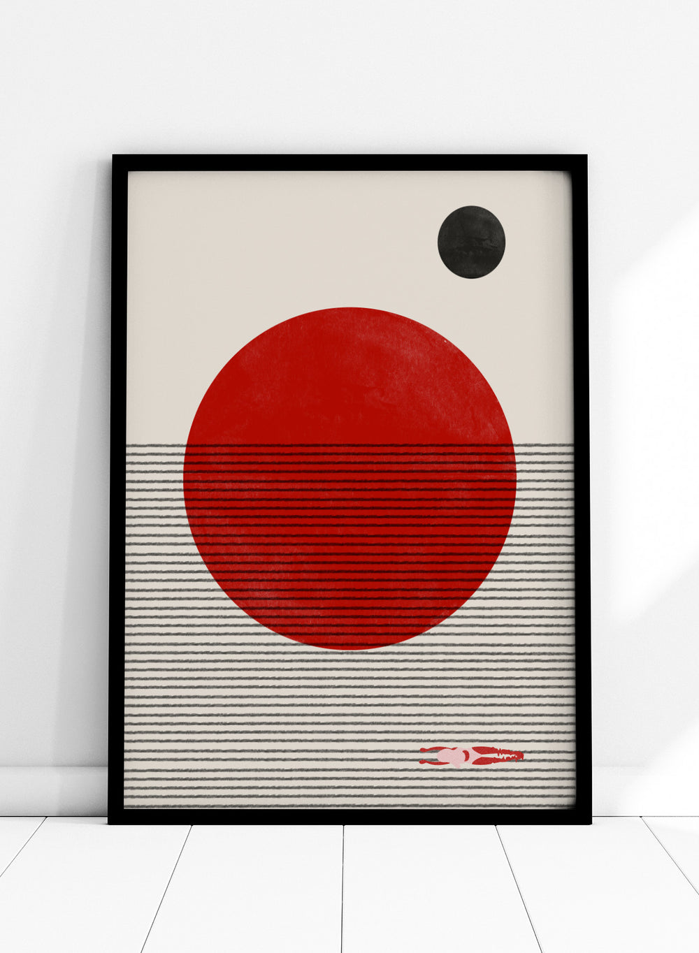 Abstract design with a red circle, black dot, and striped pattern on a beige background. Floating Horizons by The MIUUS Studio is a minimalist abstract art print and wall poster featuring geometric shapes, red sun, ocean lines, and swimmer detail.