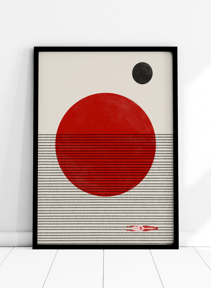 Abstract design with a red circle, black dot, and striped pattern on a beige background. Floating Horizons by The MIUUS Studio is a minimalist abstract art print and wall poster featuring geometric shapes, red sun, ocean lines, and swimmer detail.