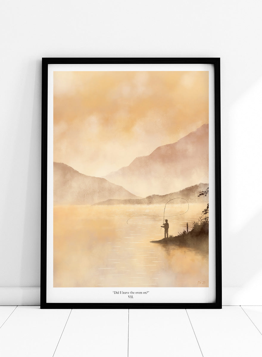 A framed art print featuring a serene landscape painting of a fisherman casting a line on a misty lake with mountains in the background, rendered in warm golden and beige tones. Shop Misty Lake Fisherman by Jake Waldron, a minimalist fishing wall art print featuring a lone angler, mountain lake, golden mist, and outdoor adventure.