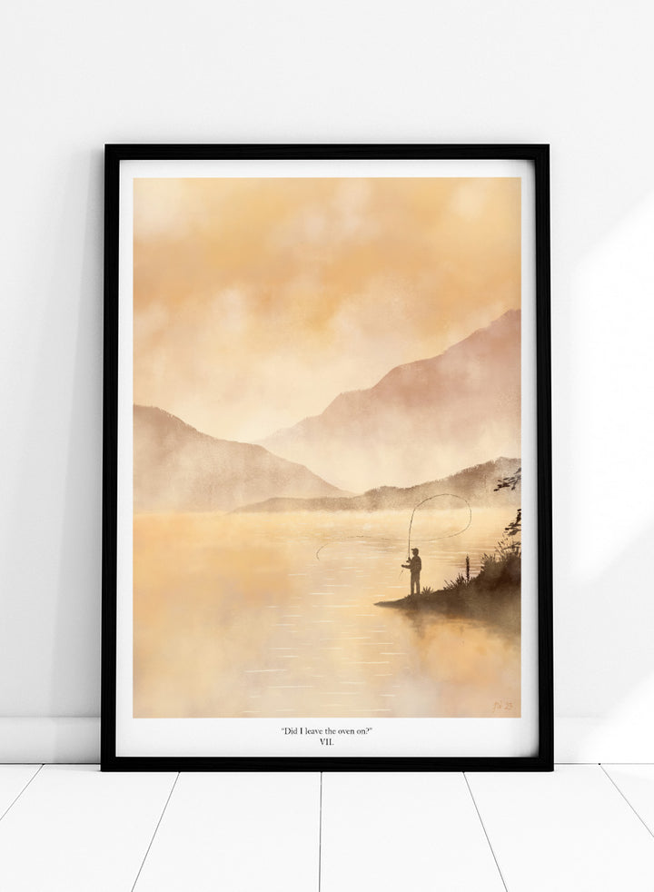 A framed art print featuring a serene landscape painting of a fisherman casting a line on a misty lake with mountains in the background, rendered in warm golden and beige tones. Shop Misty Lake Fisherman by Jake Waldron, a minimalist fishing wall art print featuring a lone angler, mountain lake, golden mist, and outdoor adventure.