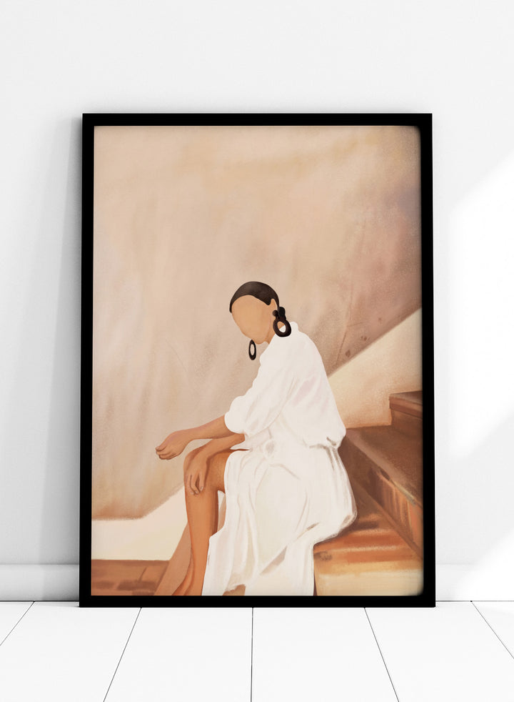 Woman in a white dress sitting on a wooden staircase with a neutral background. Modern Woman White Dress by City Art is a modern figurative art print featuring a seated woman in white, bold earrings, and warm earthy tones.