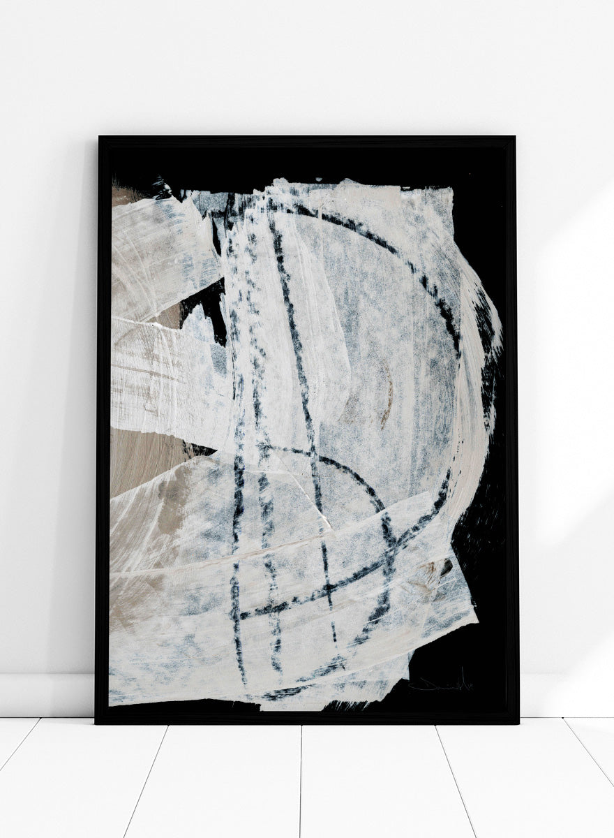 Shop Mind No.02 by Dan Hobday, an abstract wall art print poster featuring sweeping white brushwork, black contrast, and soft blue-beige texture.
