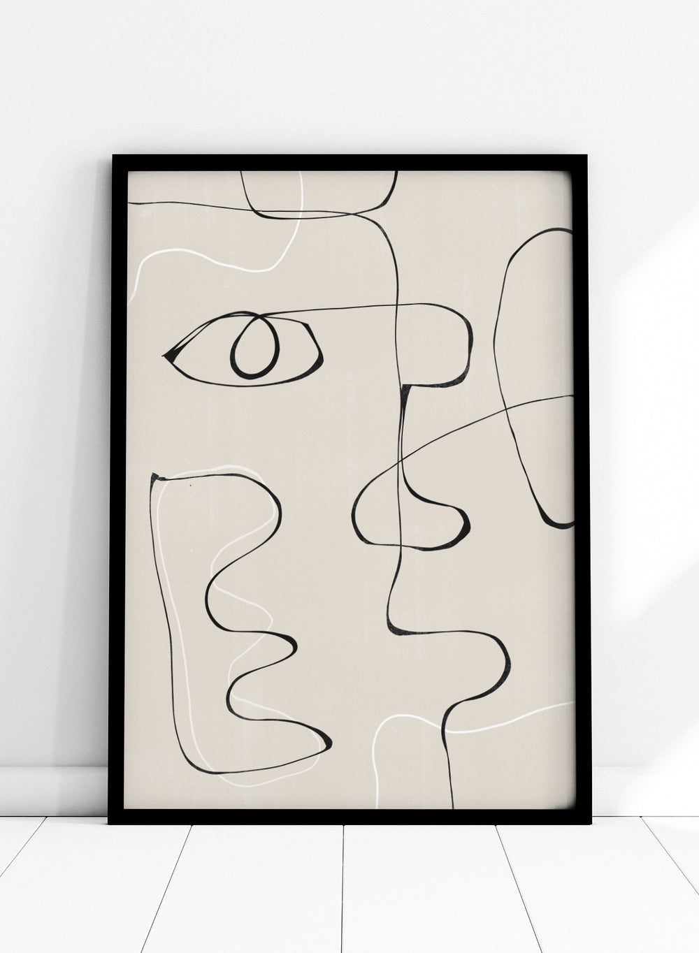 Abstract line art of a face on a beige background. Abstract Facescape by The MIUUS Studio is a minimalist abstract line art print and wall poster featuring continuous line drawing, modern face illustration, and neutral tones.